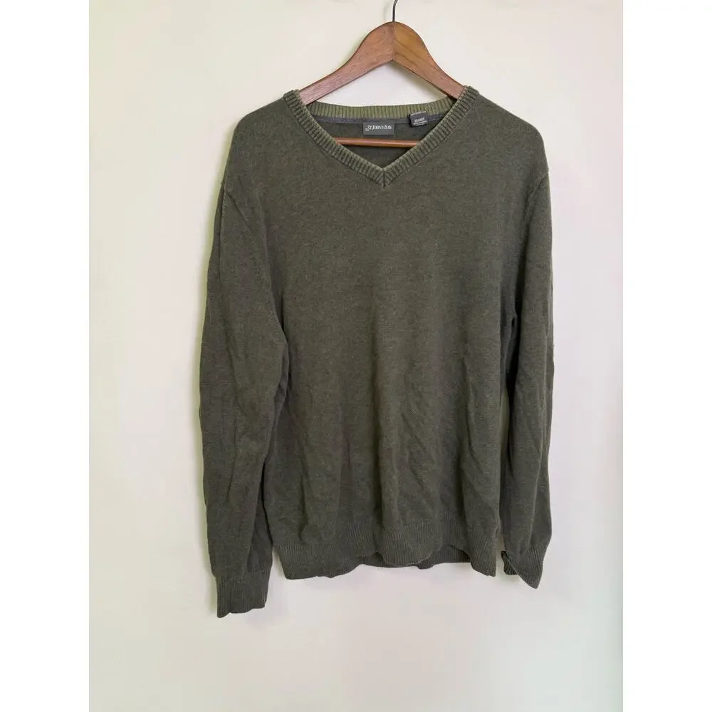 St. John’s Bay Men’s Sweater Large Green 100% Cotton V-Neck Pullover